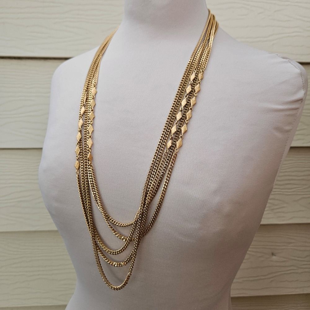 Vintage 70s 80s Monet Gold Tone Multi Strand Layered Chain Necklace Diamond